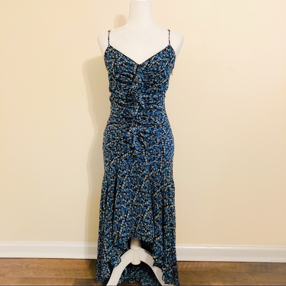 Vintage Cartise Dress Maxi Blue Black Floral Ruffled High Low Long Summer Small